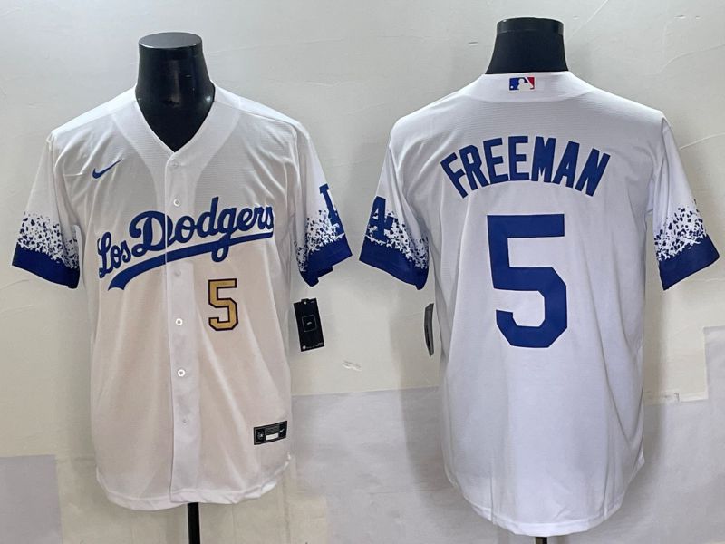 Men Los Angeles Dodgers #5 Freeman White blue City Edition Nike MLB Jersey style 4